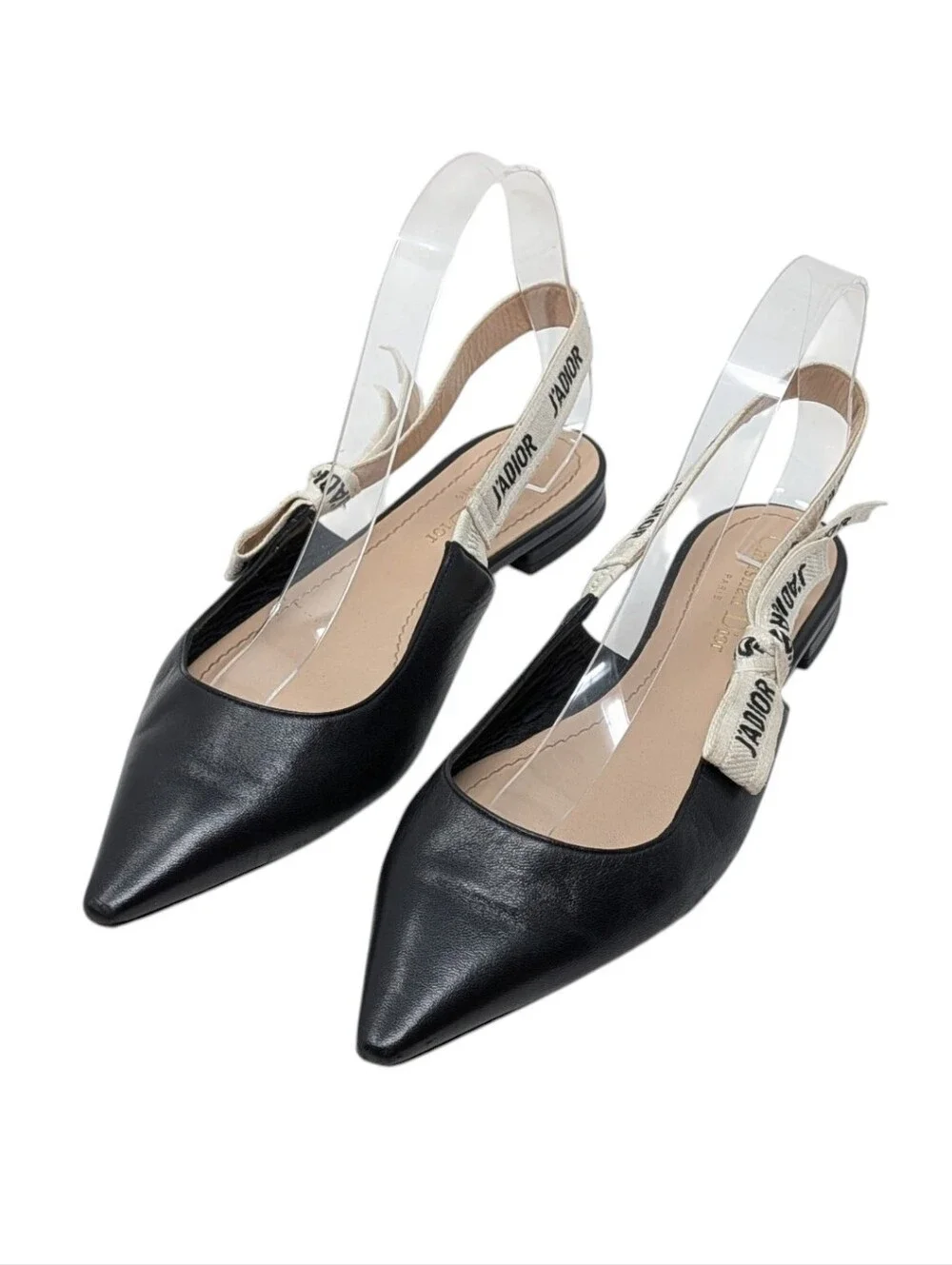 Dior J'Adior Black Leather Slingback White Ribbon Pointed Toe Flats Size EU 38.5